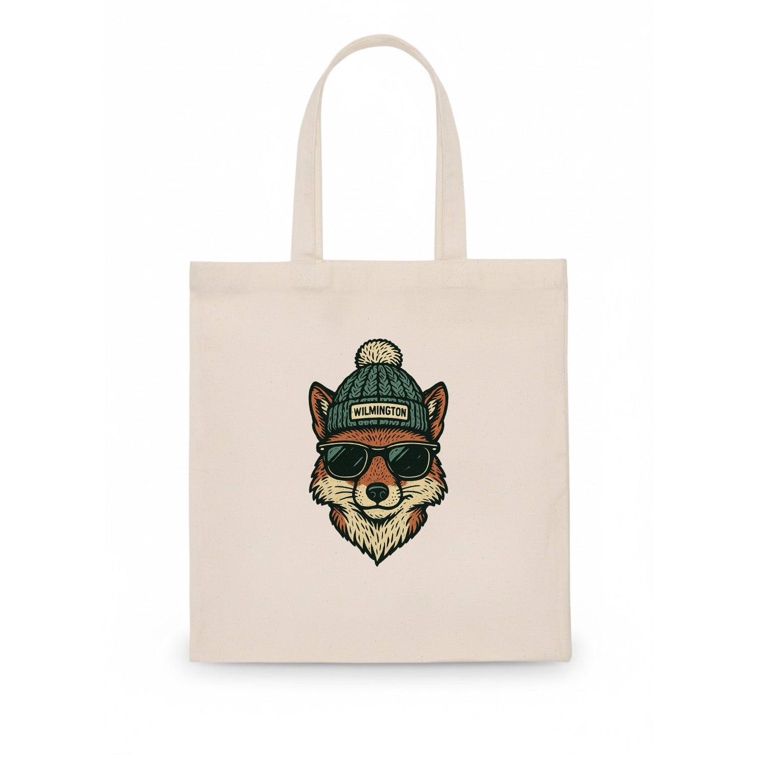 Delaware Gray Fox wearing Wilmington beanie with pom pom and wayfarer sunglasses - Tote Bag - white