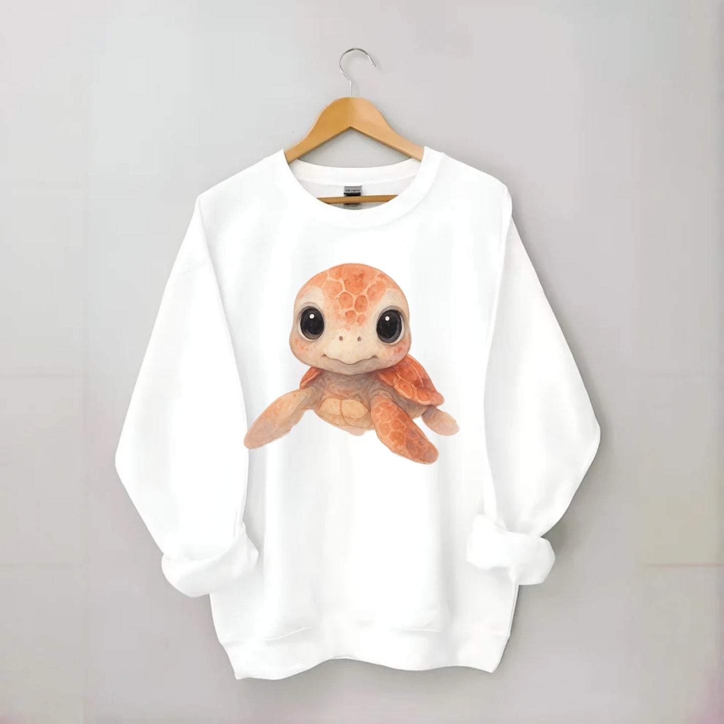 Baby Loggerhead Turtle - reddish-brown shell, big round dark eyes, chunky - Crewneck Sweatshirt - white
