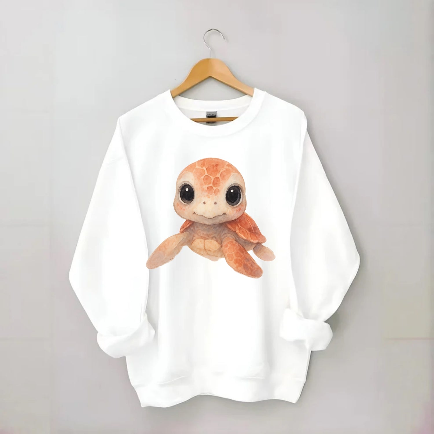 Baby Loggerhead Turtle - reddish-brown shell, big round dark eyes, chunky - Crewneck Sweatshirt - white