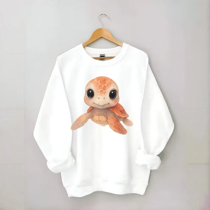 Baby Loggerhead Turtle - reddish-brown shell, big round dark eyes, chunky - Crewneck Sweatshirt - white