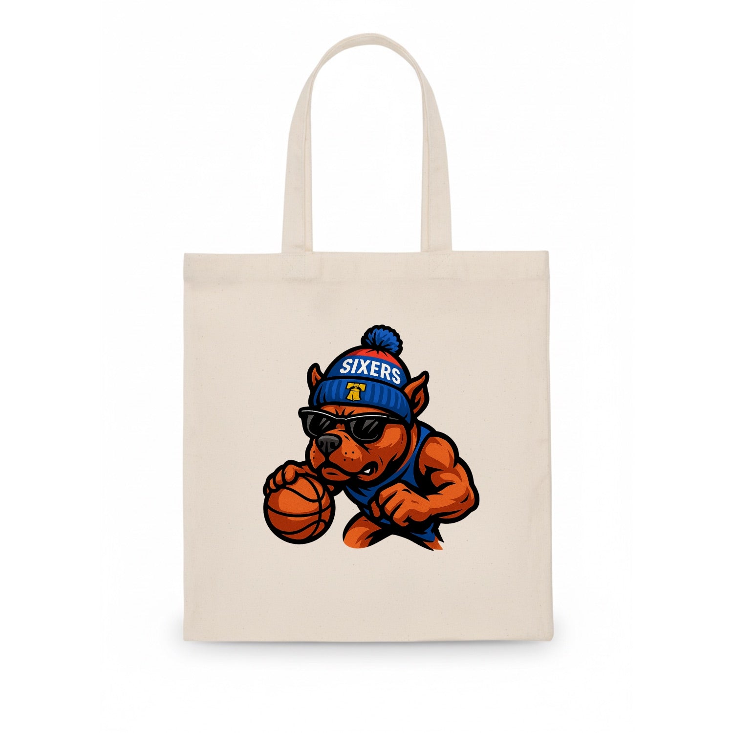 Philly Pitbull wearing Sixers beanie with Liberty Bell and wayfarer sunglasses - Tote Bag - white