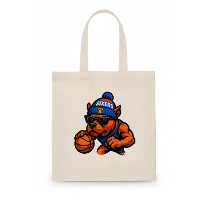 Philly Pitbull wearing Sixers beanie with Liberty Bell and wayfarer sunglasses - Tote Bag - white
