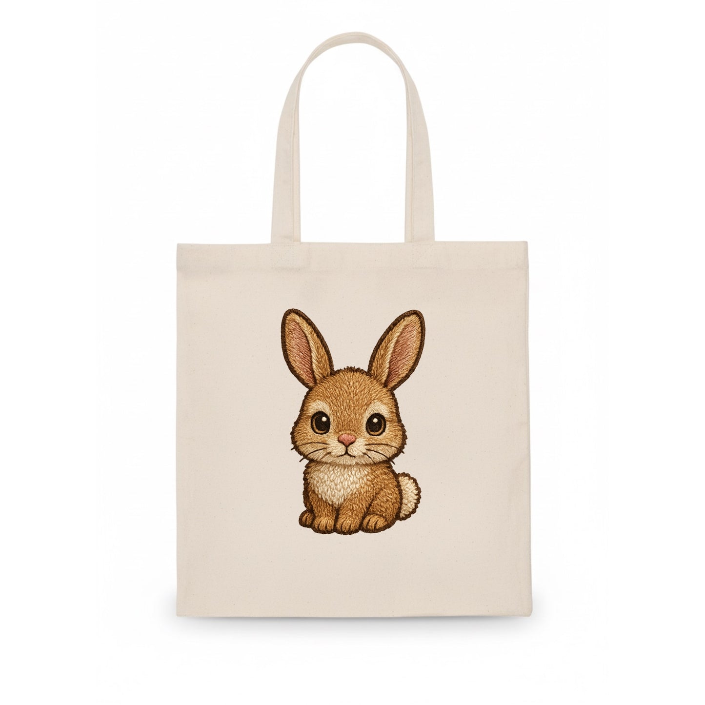 Baby Rabbit - long ears, fluffy white tail, pink nose, large brown eyes, front-facing, - Tote Bag - white