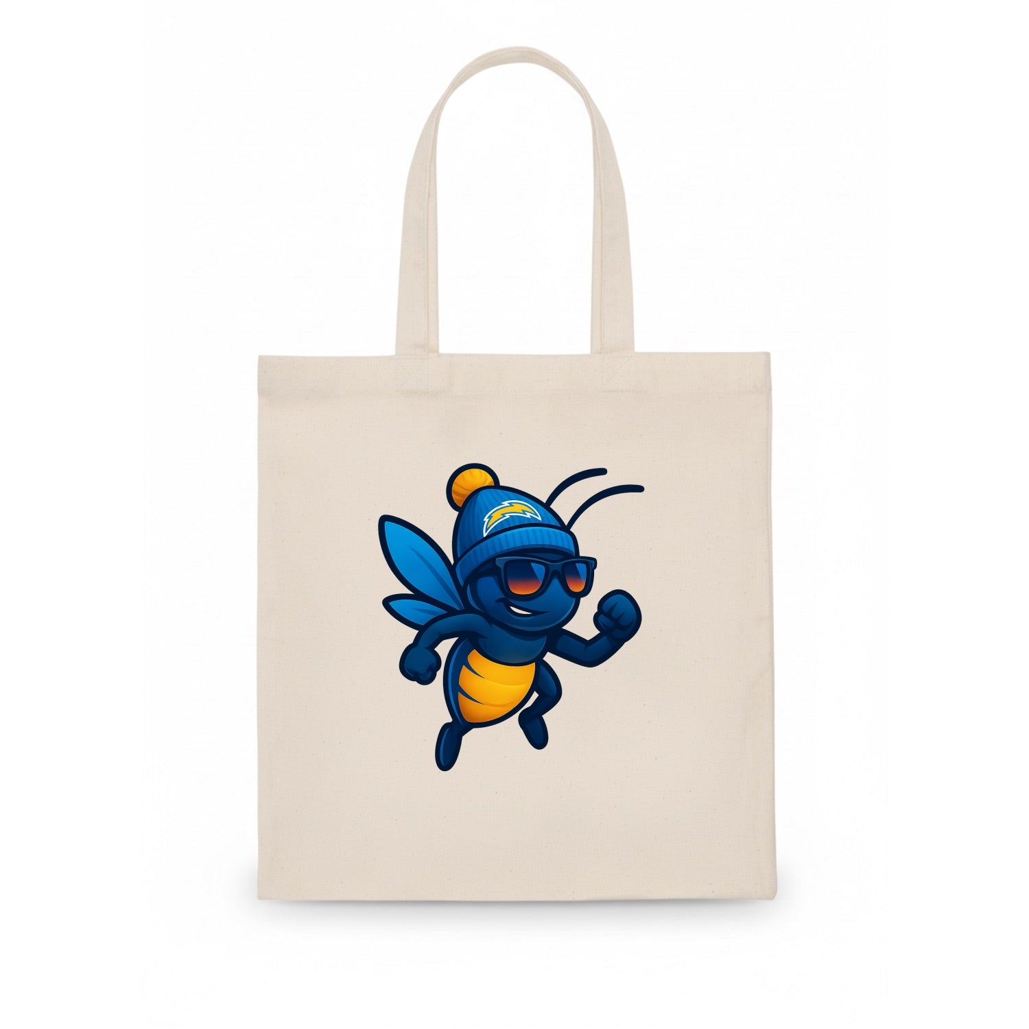 LA Lightning Bug wearing Chargers powder blue and gold beanie with pom pom and wayfarer - Tote Bag - white