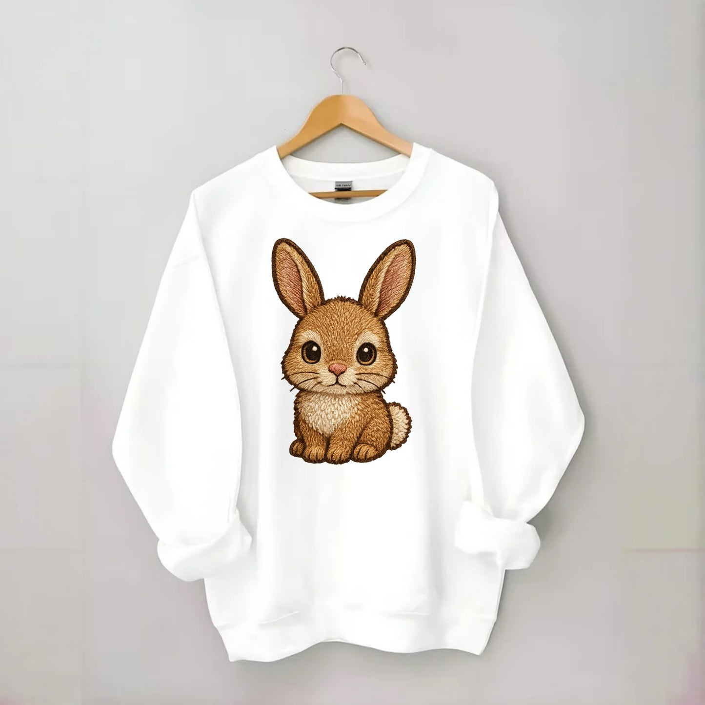 Baby Rabbit - long ears, fluffy white tail, pink nose, large brown eyes, - Crewneck Sweatshirt - white