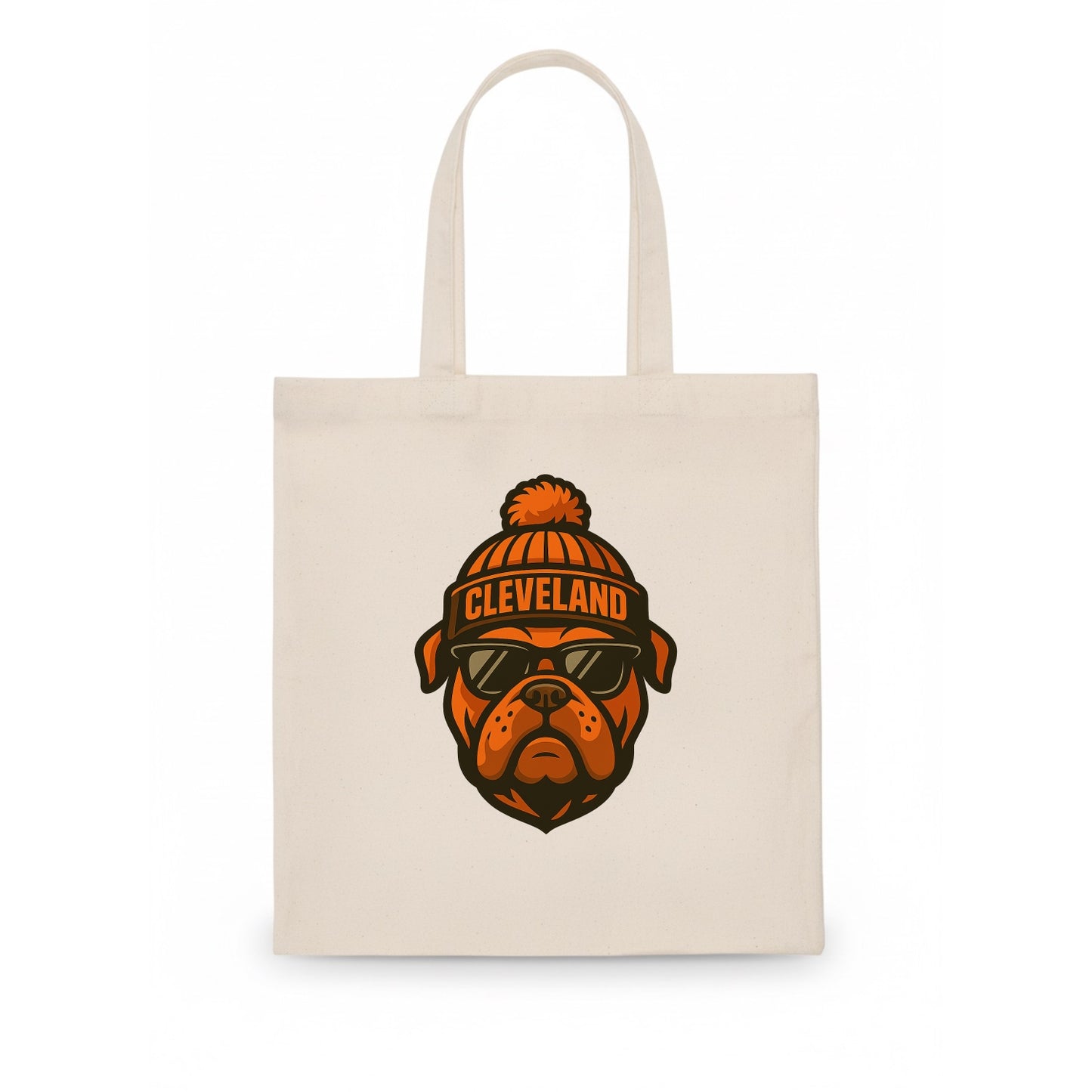 Cleveland Bulldog wearing Browns orange and brown beanie with pom pom and wayfarer - Tote Bag - white