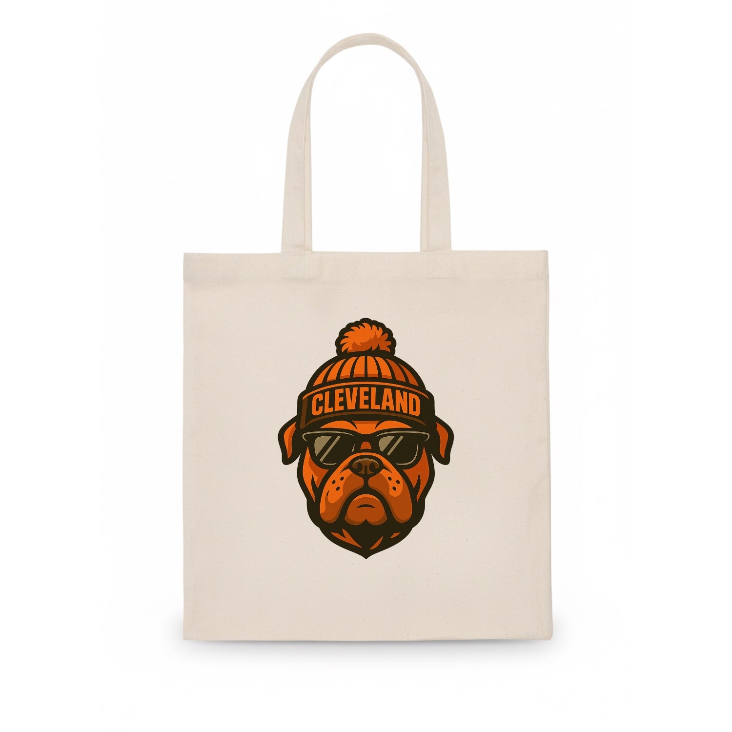 Cleveland Bulldog wearing Browns orange and brown beanie with pom pom and wayfarer - Tote Bag - white