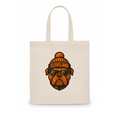 Cleveland Bulldog wearing Browns orange and brown beanie with pom pom and wayfarer - Tote Bag - white
