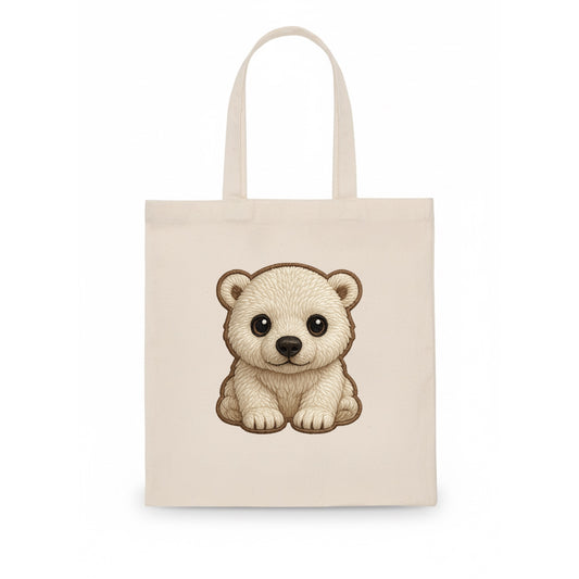 Baby Polar Bear Cub - white fluffy, black nose, dark curious eyes, front-facing, iconic - Tote Bag - white