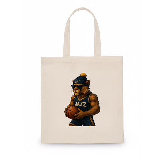 Utah Mountain Lion wearing Jazz navy and yellow beanie with music note and wayfarer - Tote Bag - white