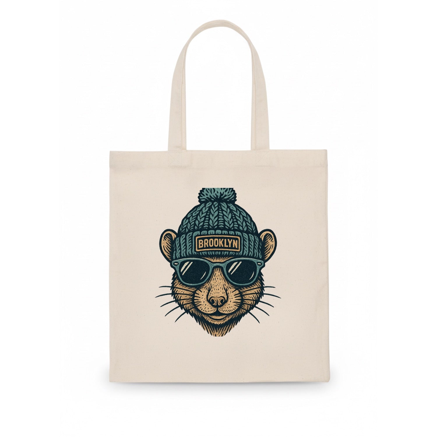 NYC Rat wearing Brooklyn beanie with pom pom and wayfarer sunglasses - Tote Bag - white