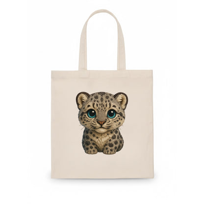 Baby Snow Leopard Cub - gray spotted, thick fur, blue-green eyes, front-facing, mountain - Tote Bag - white