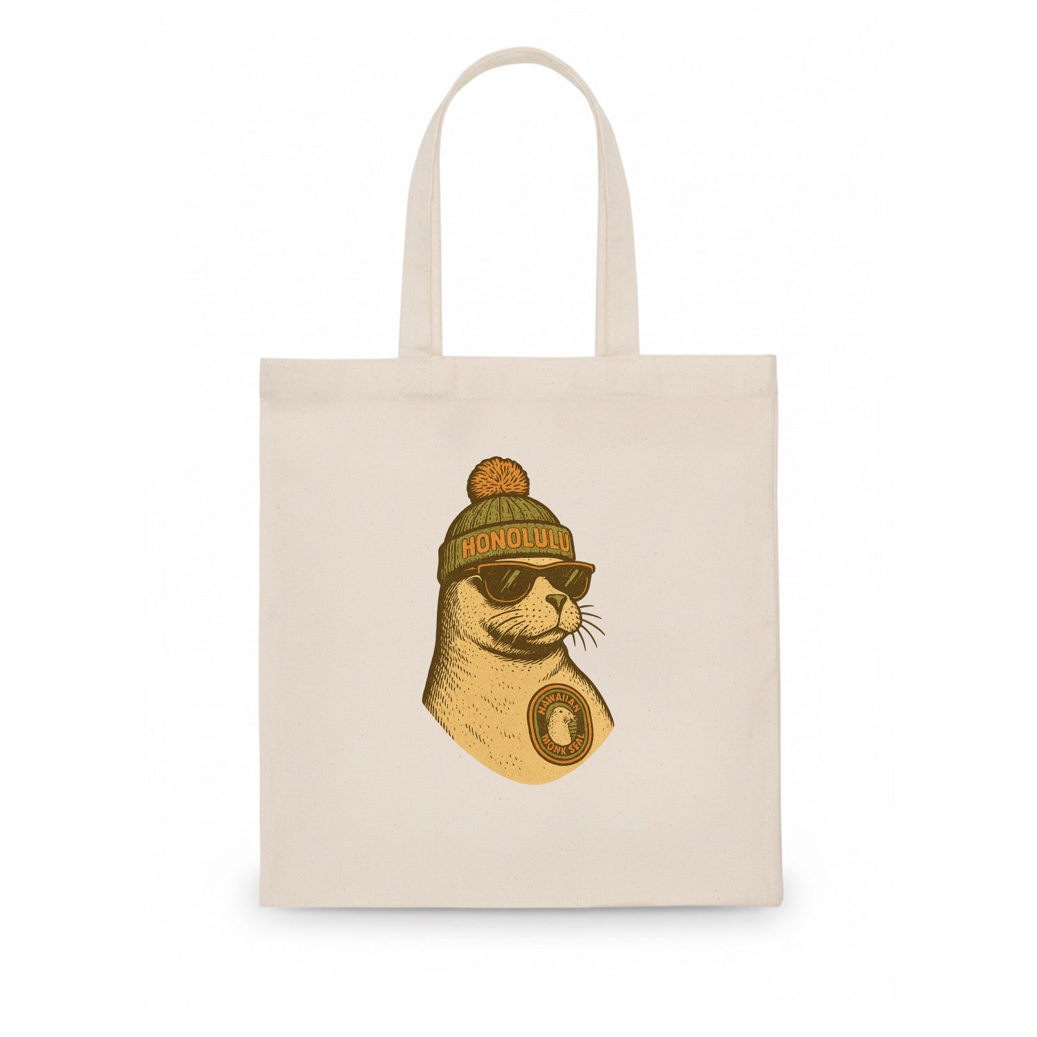 Hawaii Monk Seal wearing Honolulu beanie with pom pom and wayfarer sunglasses - Tote Bag - white