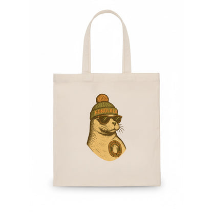 Hawaii Monk Seal wearing Honolulu beanie with pom pom and wayfarer sunglasses - Tote Bag - white