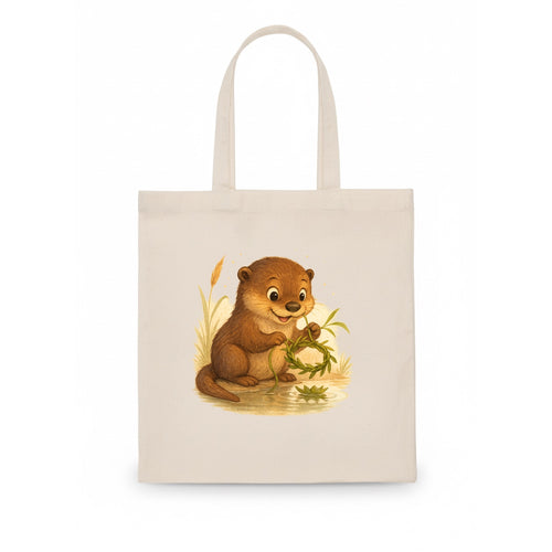Otter weaving river reeds into a floating crown beside mirror-still water - Tote Bag