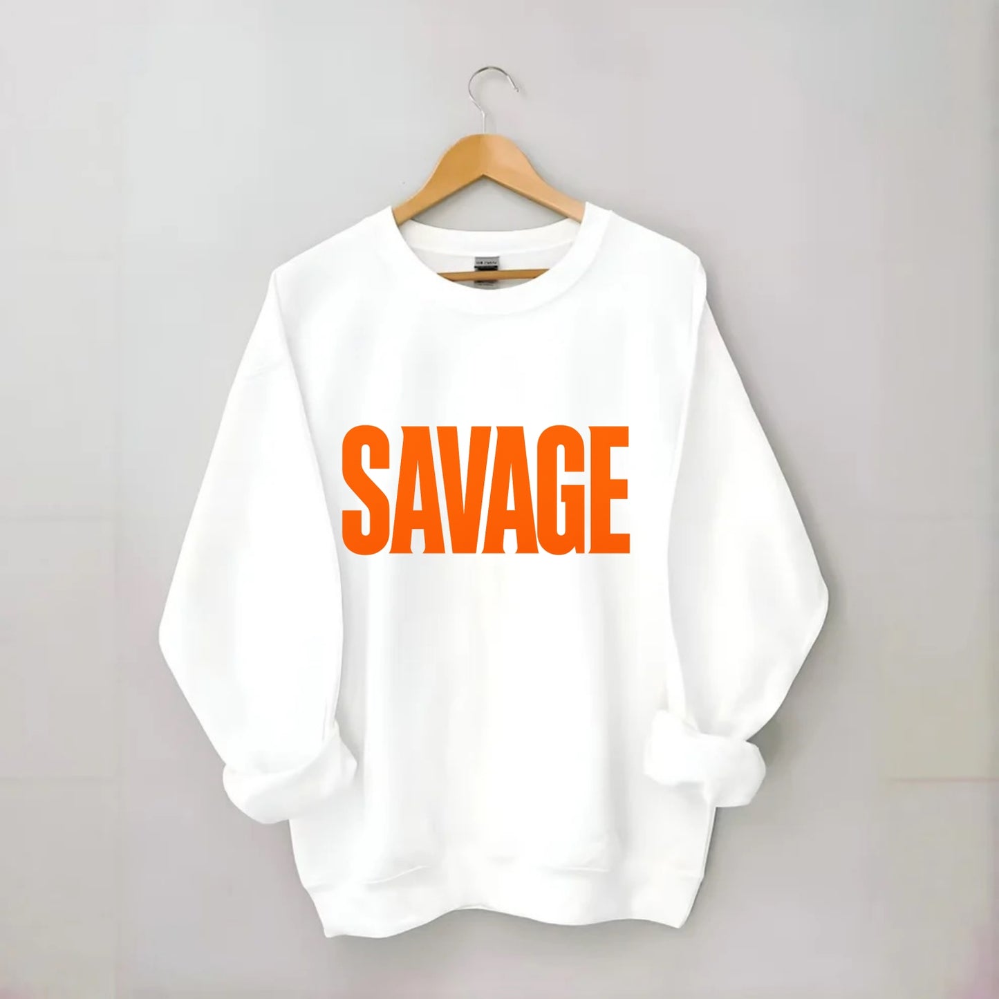 Bold typography design - "SAVAGE" - fierce attitude, taking no prisoners - Crewneck Sweatshirt - white