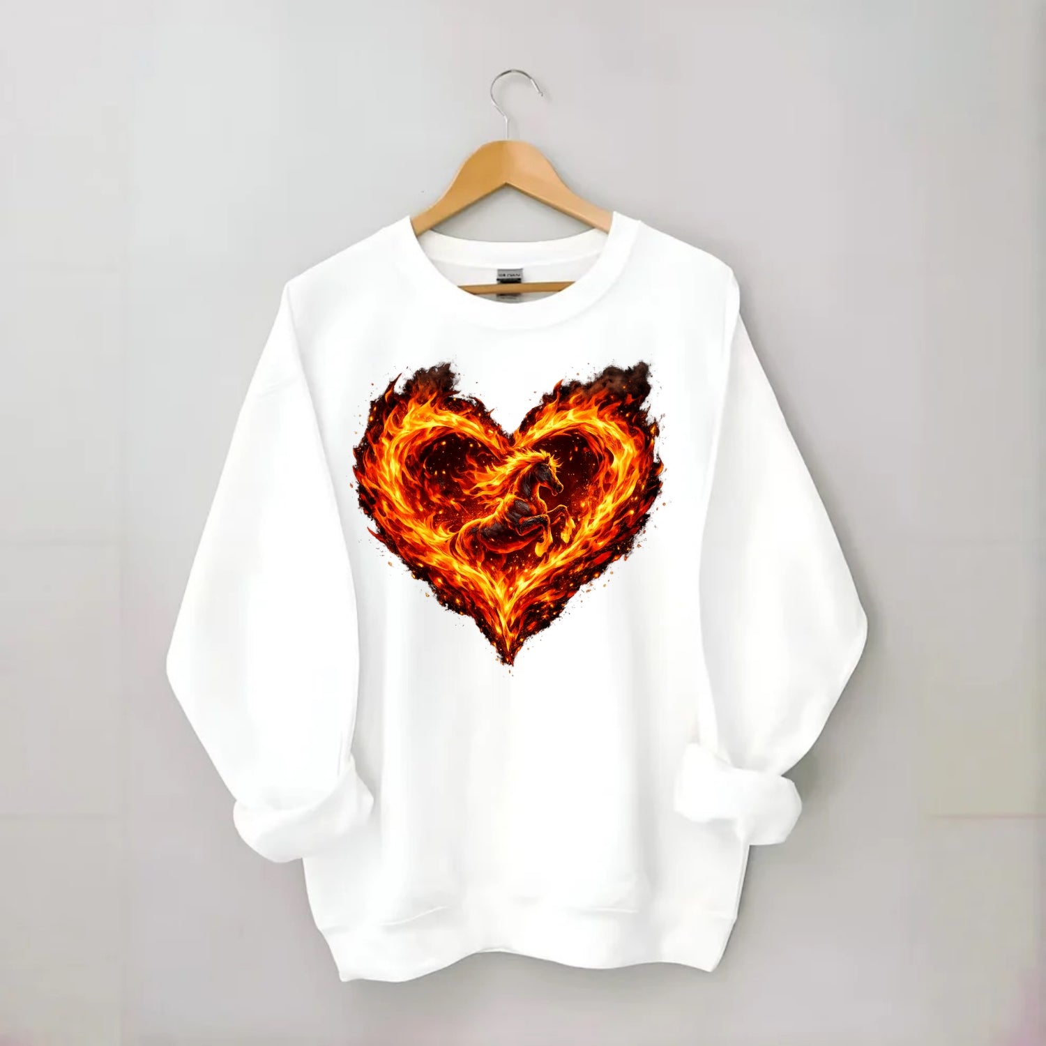 HEART OF FIRE | Flaming heart with horse silhouette inside | Passion embodied - Crewneck Sweatshirt - white