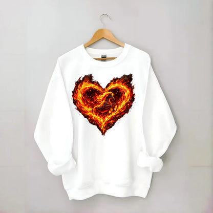 HEART OF FIRE | Flaming heart with horse silhouette inside | Passion embodied - Crewneck Sweatshirt - white