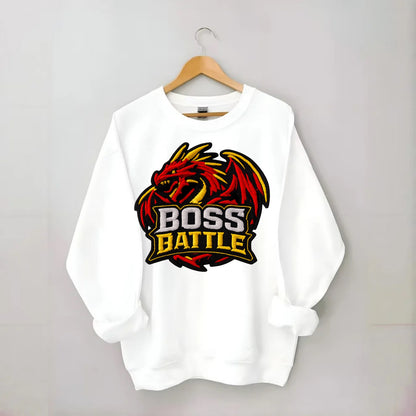 BOSS BATTLE - dragon silhouette in red and gold , raid - Crewneck Sweatshirt - white