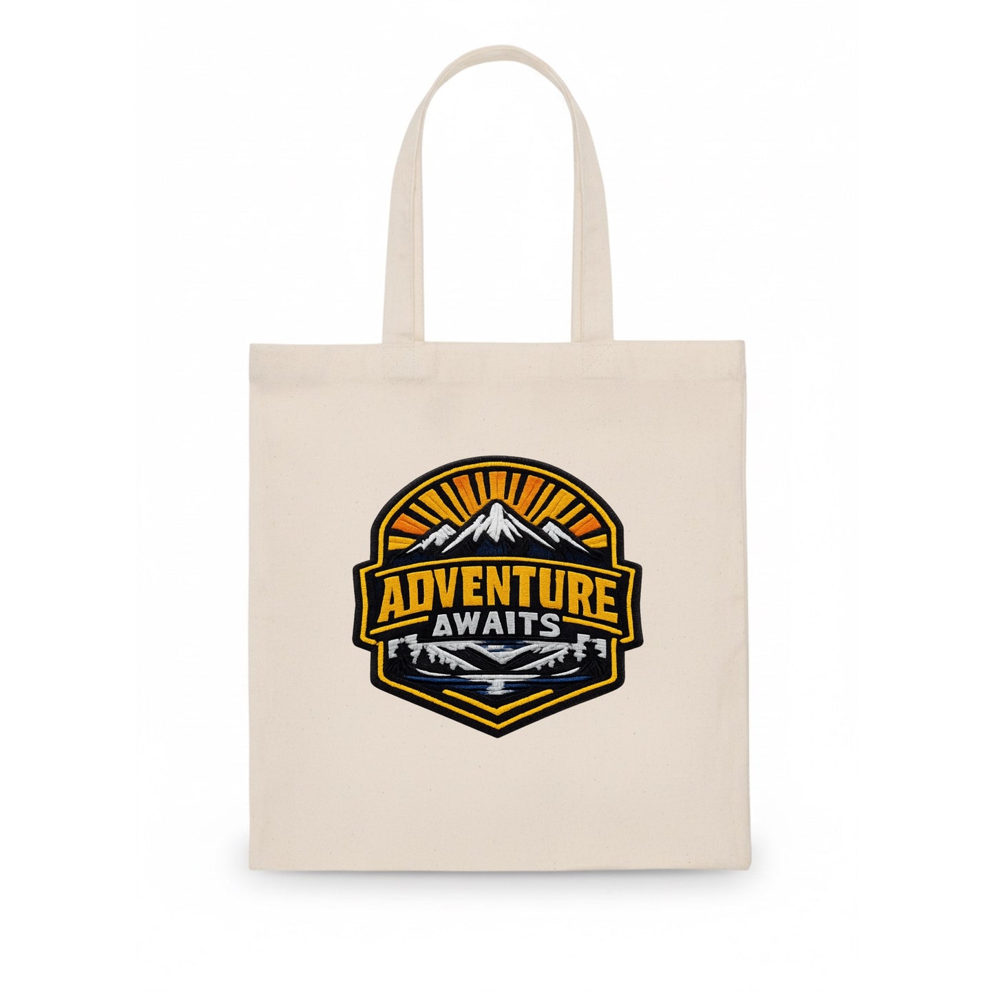 ADVENTURE AWAITS - mountain sunrise with text in gold and blue , wanderlust - Tote Bag - white
