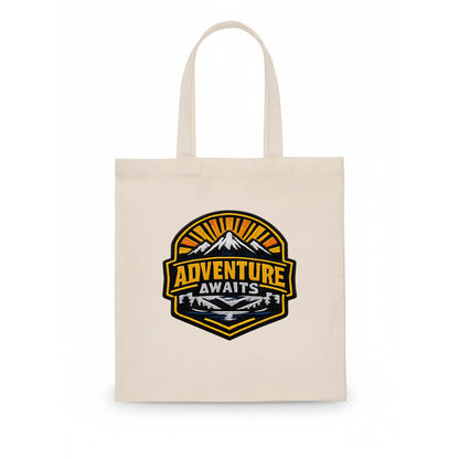 ADVENTURE AWAITS - mountain sunrise with text in gold and blue , wanderlust - Tote Bag - white
