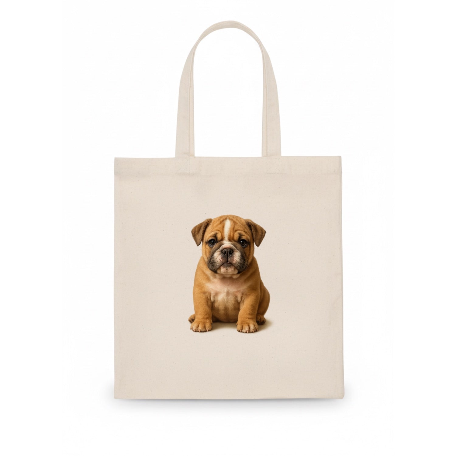 Baby Bulldog Puppy - wrinkly face, underbite, stocky body, gentle eyes, front-facing, - Tote Bag - white