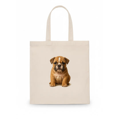 Baby Bulldog Puppy - wrinkly face, underbite, stocky body, gentle eyes, front-facing, - Tote Bag - white