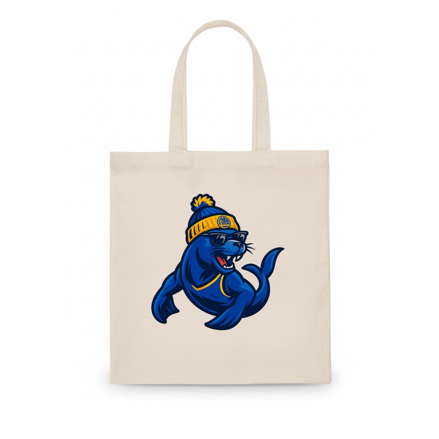 Bay Area Sea Lion wearing Warriors blue and gold beanie with Golden Gate and wayfarer - Tote Bag - white
