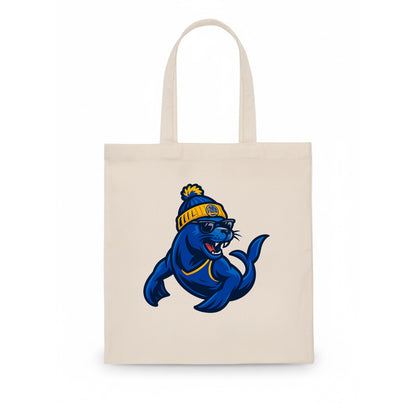 Bay Area Sea Lion wearing Warriors blue and gold beanie with Golden Gate and wayfarer - Tote Bag - white