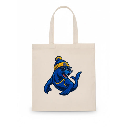 Bay Area Sea Lion wearing Warriors blue and gold beanie with Golden Gate and wayfarer - Tote Bag - white