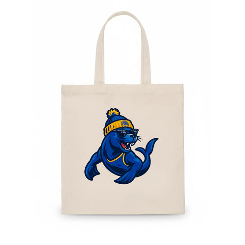 Bay Area Sea Lion wearing Warriors blue and gold beanie with Golden Gate and wayfarer - Tote Bag
