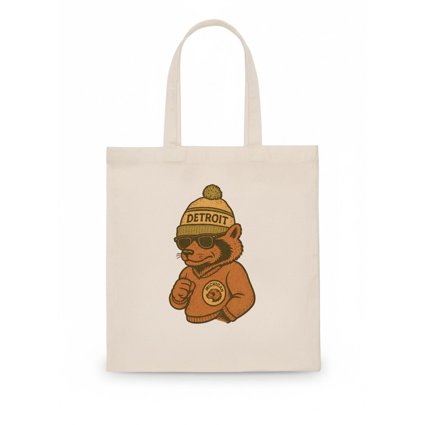 Michigan Wolverine wearing Detroit beanie with pom pom and wayfarer sunglasses - Tote Bag - white