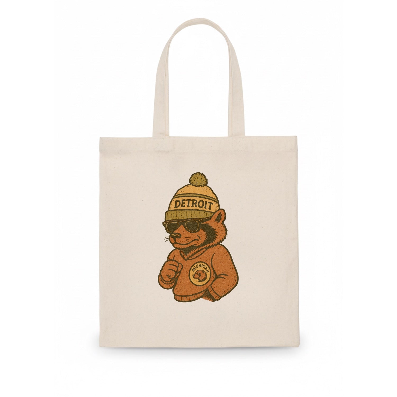 Michigan Wolverine wearing Detroit beanie with pom pom and wayfarer sunglasses - Tote Bag - white