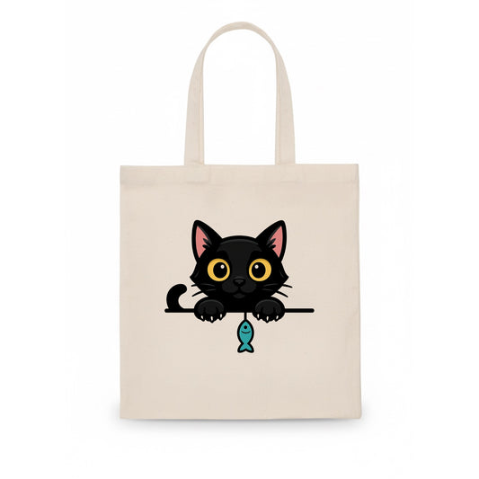 Midnight the black cat holding a tiny yarn ball between both paws while peeking. - Tote Bag - white
