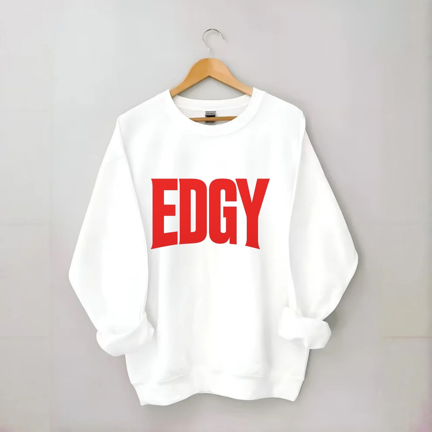 Bold typography design - "EDGY" - pushing boundaries, unconventional - Crewneck Sweatshirt - white