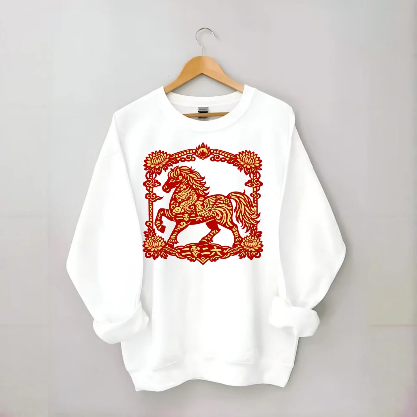 HORSE | Silk style horse design | Gold and silver thread appearance | Phoenix - Crewneck Sweatshirt - white