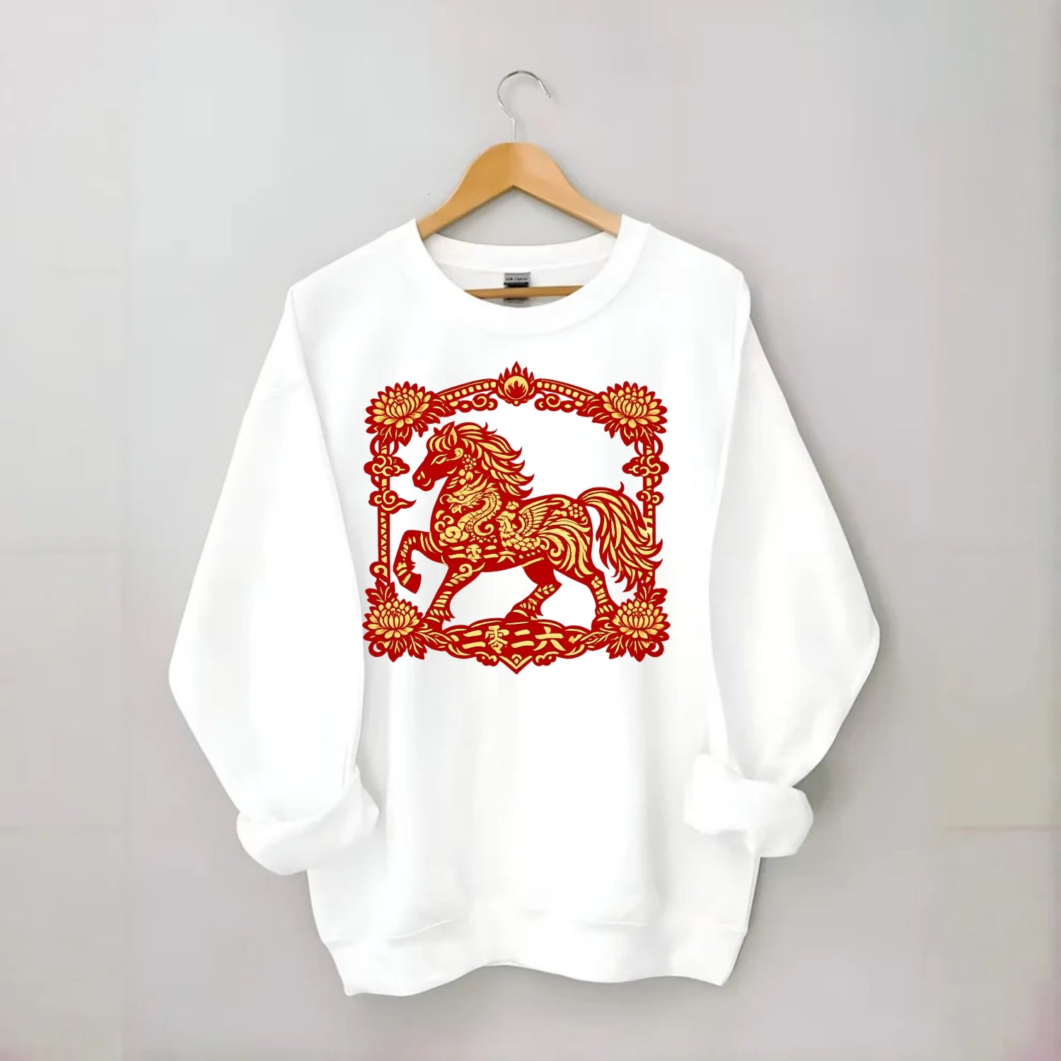 HORSE | Silk style horse design | Gold and silver thread appearance | Phoenix - Crewneck Sweatshirt - white