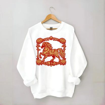 HORSE | Silk style horse design | Gold and silver thread appearance | Phoenix - Crewneck Sweatshirt - white