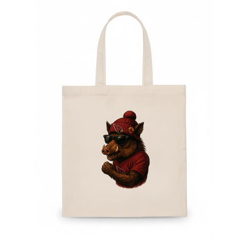 Arizona Javelina wearing Cardinals beanie with desert patch and wayfarer sunglasses - Tote Bag