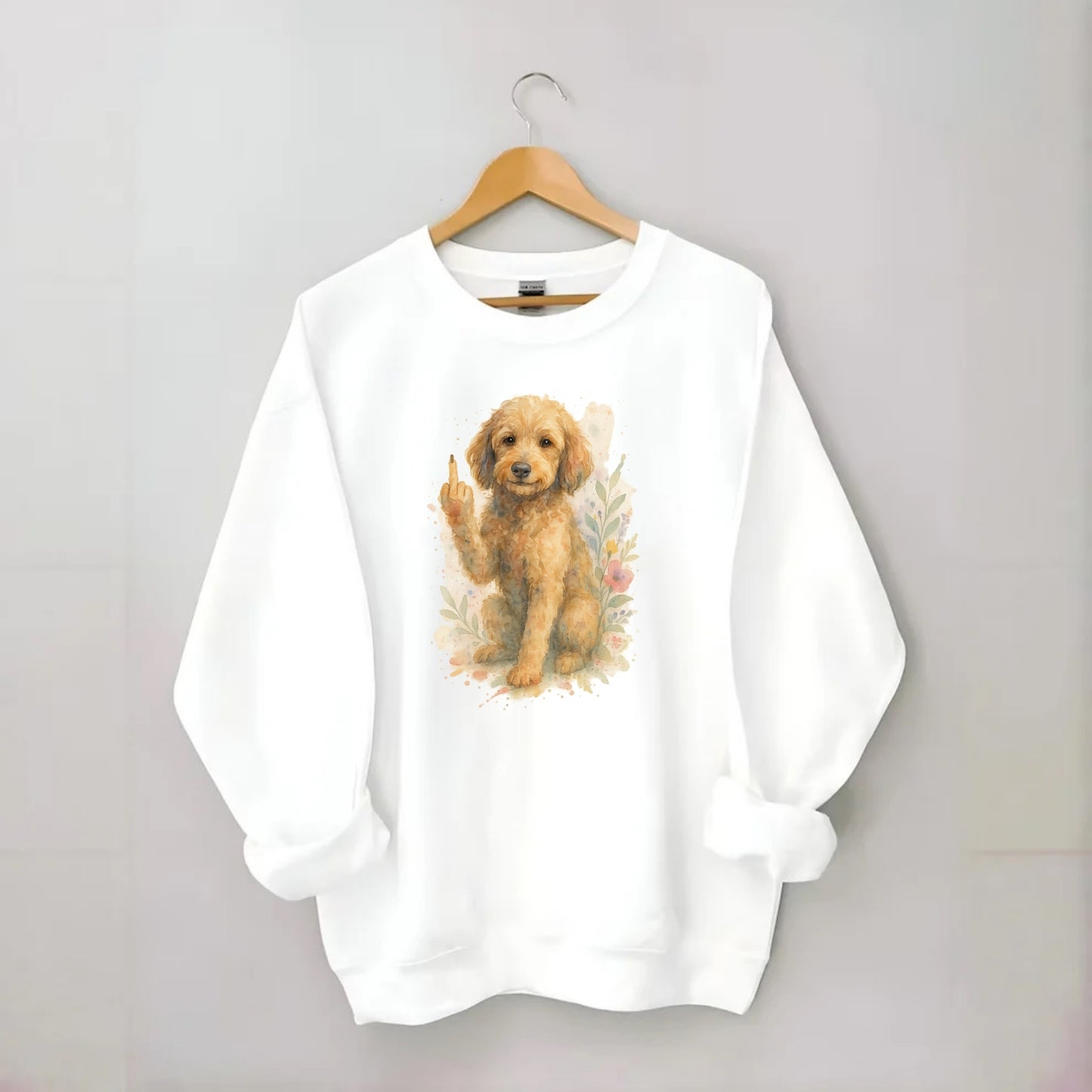 Labradoodle hypoallergenic with wavy coat, intelligent eyes, paw raised - Crewneck Sweatshirt - white