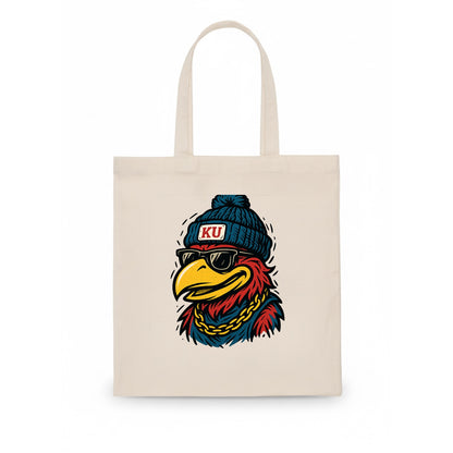 Lawrence Jayhawk wearing Kansas beanie with KU patch - Tote Bag - white