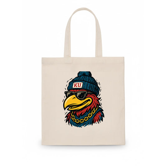 Lawrence Jayhawk wearing Kansas beanie with KU patch - Tote Bag - white