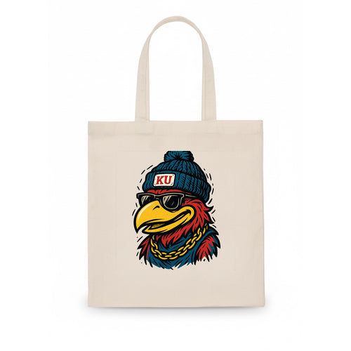 Lawrence Jayhawk wearing Kansas beanie with KU patch - Tote Bag