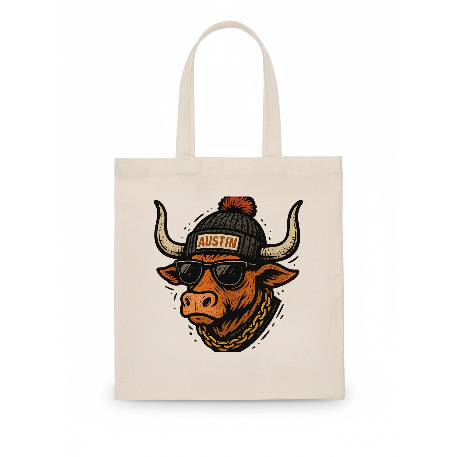 Texas Longhorn wearing Austin beanie with pom pom and wayfarer sunglasses - Tote Bag - white
