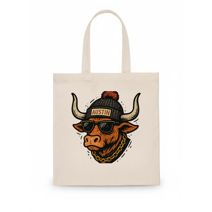 Texas Longhorn wearing Austin beanie with pom pom and wayfarer sunglasses - Tote Bag - white