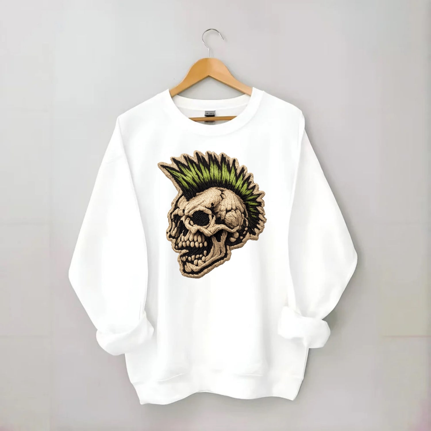MOHAWK SKULL - punk skull with mohawk in neon green and black , punk rock - Crewneck Sweatshirt - white