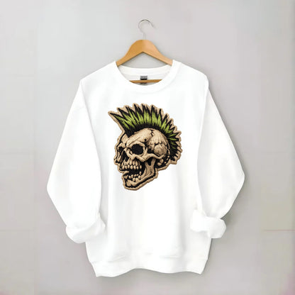 MOHAWK SKULL - punk skull with mohawk in neon green and black , punk rock - Crewneck Sweatshirt - white