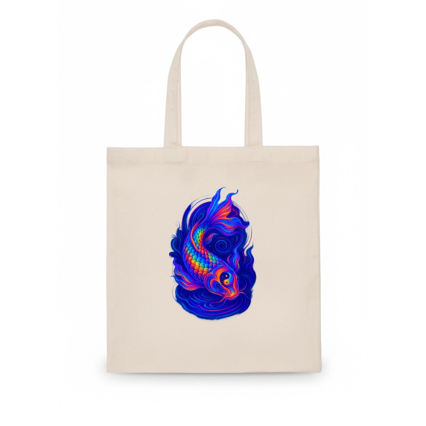 Sacred koi with scales reflecting rainbow prisms, yin-yang patterns in cosmic colors, - Tote Bag - white