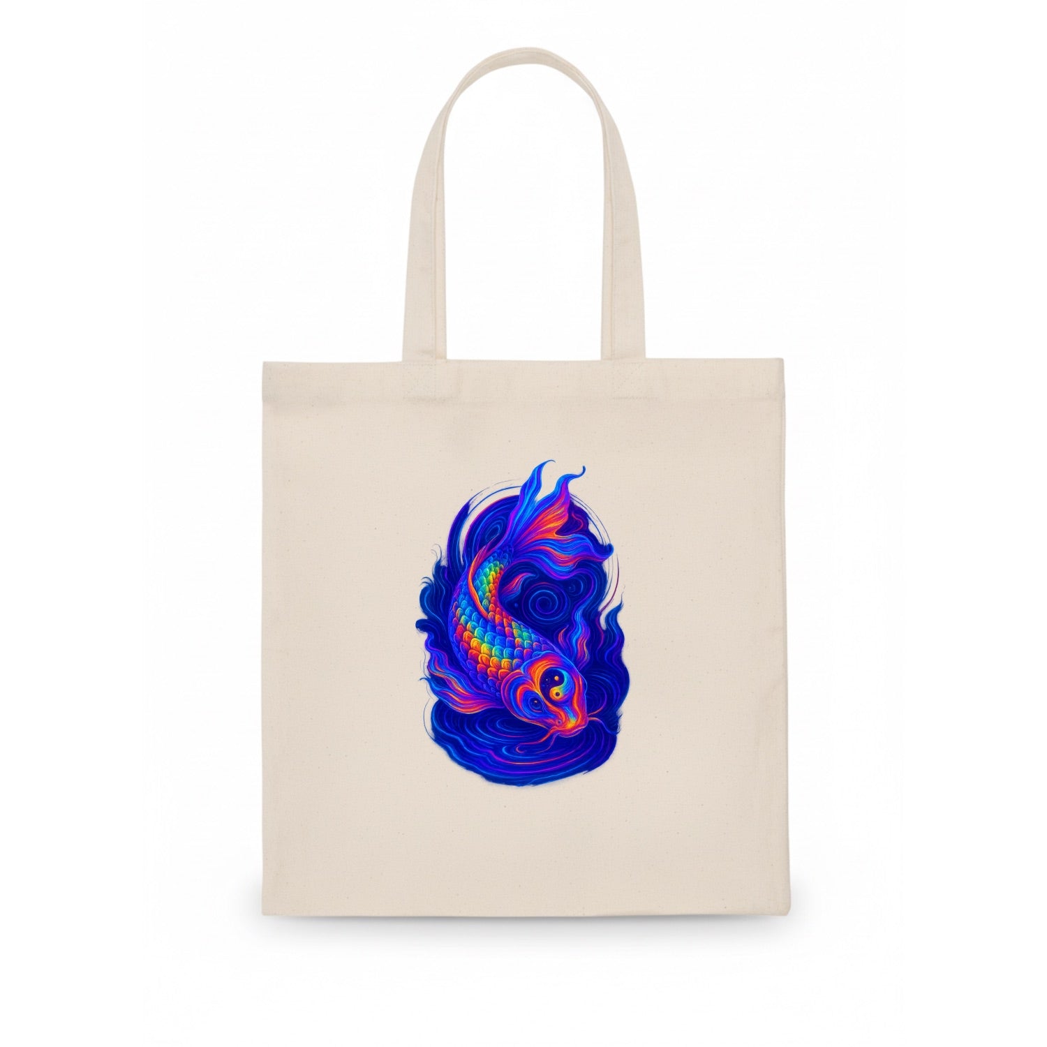 Sacred koi with scales reflecting rainbow prisms, yin-yang patterns in cosmic colors, - Tote Bag - white