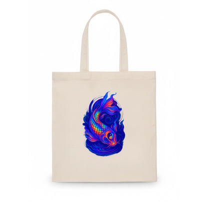 Sacred koi with scales reflecting rainbow prisms, yin-yang patterns in cosmic colors, - Tote Bag - white